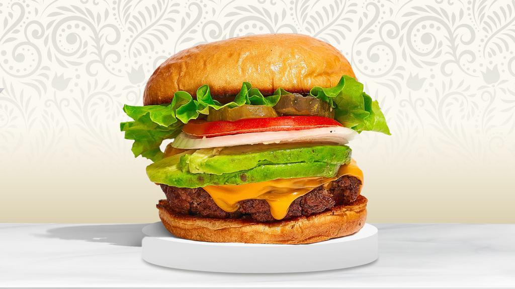 Guac Guac (Avocado Burger) · Halal American beef patty topped with avocado, melted cheese, lettuce, tomato, onion, and pickles.. Served on a sesame seed bun.
