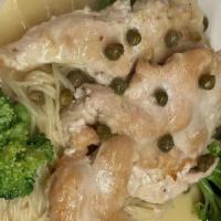 Chicken Piccata · Lemon-caper sauce, white wine, angel hair, broccoli.
