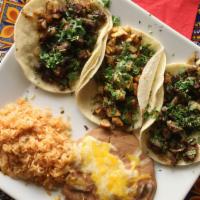 Tres Tacos · Three Soft Tacos; Grilled chicken, al pastor (pork and pineapple), carne asada (steak) grill...