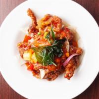 Crispy Chicken Basil · Spicy. Crispy chicken in sweet chili sauce with onion, pepper, carrot, pineapple, green pea,...