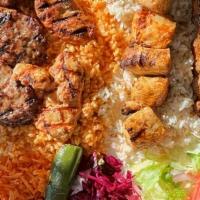 Combo Kebab · Chicken Shish (1 stick), Kofte (2 pcs), Adana (1 stick), Chicken Kofte (2 pcs) served with r...