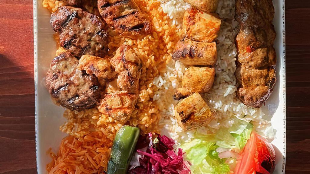 Combo Kebab · Chicken Shish (1 stick), Kofte (2 pcs), Adana (1 stick), Chicken Kofte (2 pcs) served with rice, shepherd salad and homemade bread