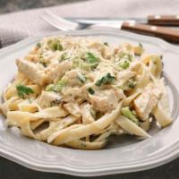 Chicken Broccoli Alfredo With Fettuccine · Grilled chicken, broccoli, peppers with fettuccine topped with parmesan cheese. Served with ...