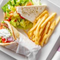 Gyro Platter · Chicken or beef, slices of spiced meat arranged on pita with tzatziki sauce, Greek salad.