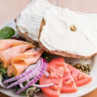 Lox Platter · Smoked salmon, cream cheese, tomato, red onions, capers, greens, and a philly muffin.