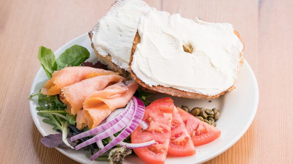 Lox Platter · Smoked salmon, cream cheese, tomato, red onions, capers, greens, and a philly muffin.