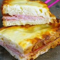 Ham Croque Monsieur · Slices of white bread with ham and melted cheese.
Contains: Wheat, milk.
Served cold