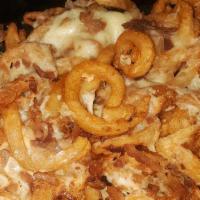 Meltdown Fries · Curly fries with melted cheese and bacon.