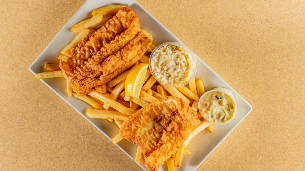 Fish & Chips* · Fresh native Atlantic cod fried golden brown, served with fries, tartar sauce and cole slaw. *Consuming raw or undercooked meats, poultry, seafood, shellfish or eggs may increase your risk of foodborne illness. Please inform your server if a person in your party has a food allergy.