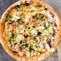 Veggie Pizza (Large) · Onion, green pepper, mushroom, black olives, tomato, broccoli.