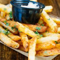 Chili Lime Fries · With lime, chili fries garnished with cilantro and spring onion with sriracha mayo.