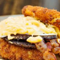 Special Mac N Cheese Heaven · Two thin burger patties placed between two fried mac n cheese buns, and then topped with bac...