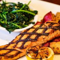 Grilled Salmon · Choice of lemon dill butter or teriyaki. Served with rice pilaf & sautéed spinach