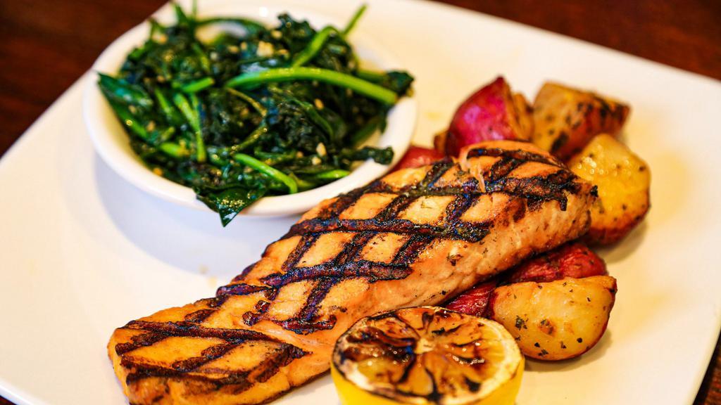 Grilled Salmon · Choice of lemon dill butter or teriyaki. Served with rice pilaf & sautéed spinach