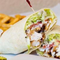 Crispy Chicken Ranch Wrap · Lettuce, tomato, bacon and ranch dressing. Served with french fries, pickles and coleslaw.