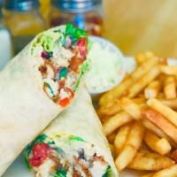 Grilled Chicken Caesar Wrap · Romaine lettuce, , parmesan cheese and caesar dressing. Served with french fries, pickles an...