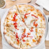 Tuscan White Pizza (Large) · Grilled chicken, mozzarella, provolone and roasted peppers.