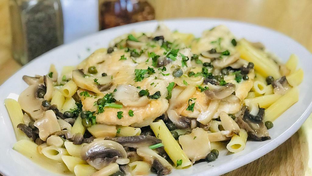 Chicken Piccata · With capers and mushrooms in a white wine lemon butter sauce. Served with soup or salad, side of pasta and garlic knots.