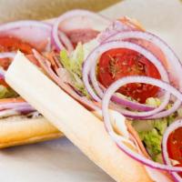 Italian Hoagie · Ham, salami, capicola and provolone. Served on a long roll with lettuce, tomato, onions and ...