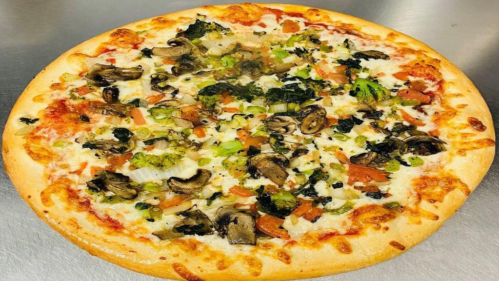 Vegetarian Pizza · Onions green peppers spinach mushrooms broccoli tomatoes and fresh garlic.