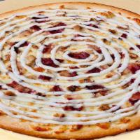 Chicken Bacon Ranch Pizza · White pizza. mozzarella cheese grilled chicken and drizzled with ranch dressing. try it with...
