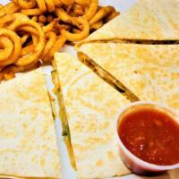 Grilled Chicken Quesadilla · ￼served with sautéed onions, green peppers, with cheddar, monterrey jack cheese with salsa a...
