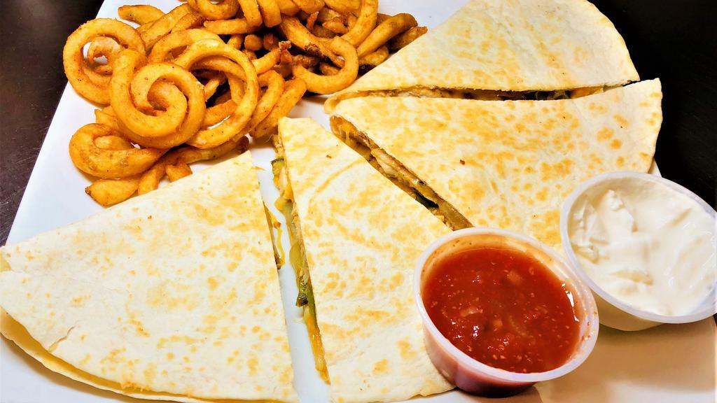 Grilled Chicken Quesadilla · ￼served with sautéed onions, green peppers, with cheddar, monterrey jack cheese with salsa and sour cream on the side.