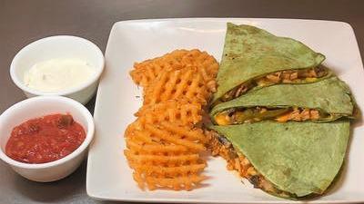 Southwestern Quesadilla · Most popular. Served with chipotle sauce, grilled chicken, sautéed onions, green peppers, fresh mushrooms, cheddar, monterrey jack cheese with salsa and sour cream on the side.
