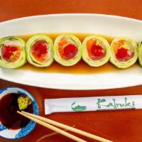 Rainbow Naruto · Tuna, salmon, yellowtail, kani, avocado, tobiko ponzu sauce, wrapped with cucumber.