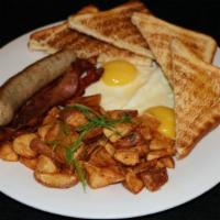 Morning Glory · Two eggs, house made British banger and bacon.  Served with breakfast potatoes and multi-gra...