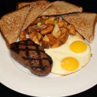 Steak & Eggs · Two eggs and our 5oz striploin steak. Served with breakfast potatoes and multi-grain toast.