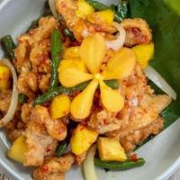 (Dinner) Mango Crispy Chicken · Battered chicken sauteed with mango, string bean and onion, with sweet chili sauce.