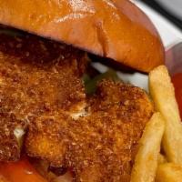 Haddock Sandwich · Fresh haddock, hand breaded and fried, on a toasted Brioche bun with lettuce and tomato and ...