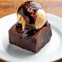 Molten Brownie · warm chocolate brownie, vanilla ice cream, chocolate sauce
