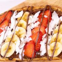 Nutella Toast · Nutella, Banana, Strawberry, Coconut Sprinkle, & Agave Drizzle, Served on Raisin Bread
