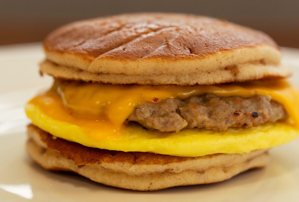 Maple Chip Pancake Sandwich · Delicious pancake, maple sausage egg and cheese sandwich.