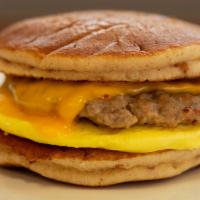 Maple Chip Pancake Sandwich · Delicious pancakes, maple sausage, egg & cheese sandwich.