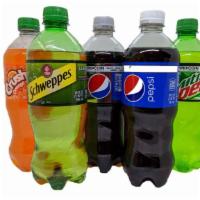 Bottled Soda · Pepsi, Diet Pepsi, Crush Orange, Scweppe's, and Mountain Dew.