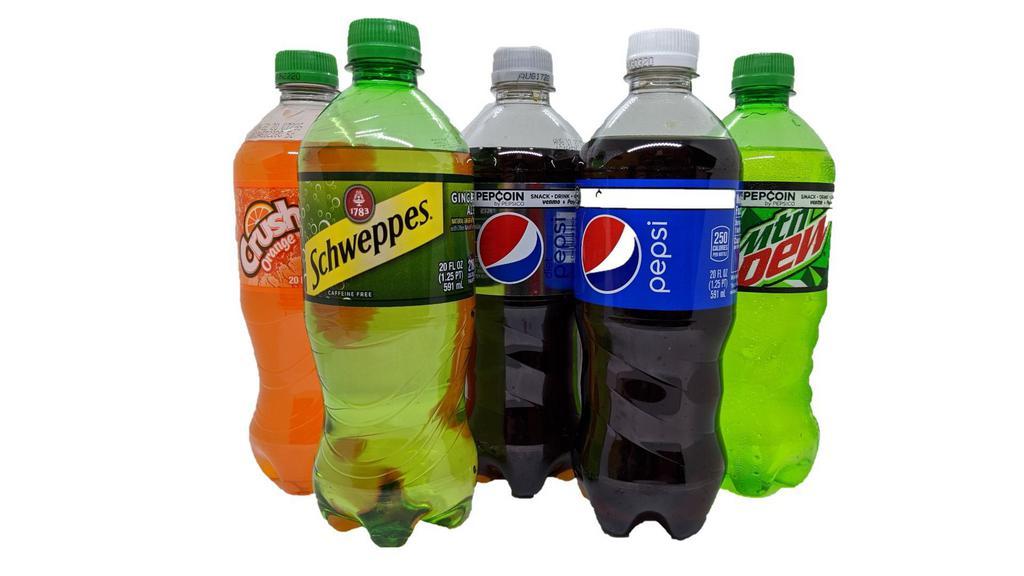 Bottled Soda · Pepsi, Diet Pepsi, Crush Orange, Scweppe's, and Mountain Dew.