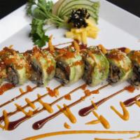 Spicy Caterpillar · Spicy. Eel, avocado, cucumber inside topped with avocado tobiko and special chef sauce.