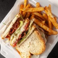 Blt Club Sandwich · Choice of turkey, cheeseburger or ham and cheese. Served between three pieces of white, whea...
