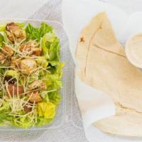 Caesar Salad · Romaine lettuce, croutons and shredded Parmesan cheese. Served with pita bread.