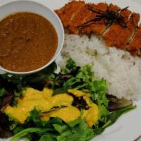 Curry Chicken Kastzu · Curry breaded chicken, with mixed vegetable and rice.