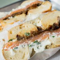 Uncle Leo · Bagel with Fried Egg, Nova Smoked Salmon, Scallion Cream Cheese and Caramelized Onions