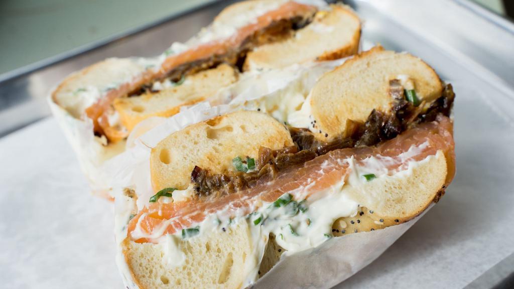 Uncle Leo · Bagel with Fried Egg, Nova Smoked Salmon, Scallion Cream Cheese and Caramelized Onions