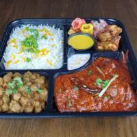Goan Chili Vindaloo Meal · spicy red chili sauce  / choice of 3 sides