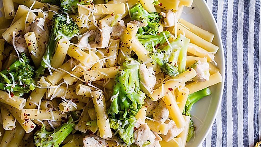 Chicken Ziti Broccoli · Boneless chicken tenders prepared in a white wine and garlic sauce, crisp broccoli florets, and homemade ziti.