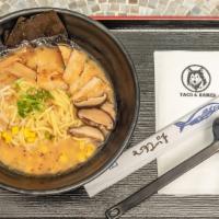 Vegan Miso Ramen · Miso Broth, Topped with Bamboo Shoots, Fried Tofu, Soy Patty, Bean Sprouts, Sweet Corns, Roa...