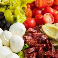 Antipasto Salad · Topped with salami, pepperoni and provolone cheese served on a garden salad. With your choic...
