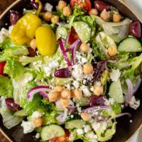 Mediterranean Salad · Vegetarian. Mixed greens, romaine, cherry tomato, red onion, kalamata olives, cucumber, feta...